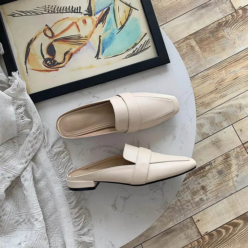 Boussac Vintage Square Toe Women Mules Elegant Party Shoes Slip on Solid Flats SWA0466 | Обувь