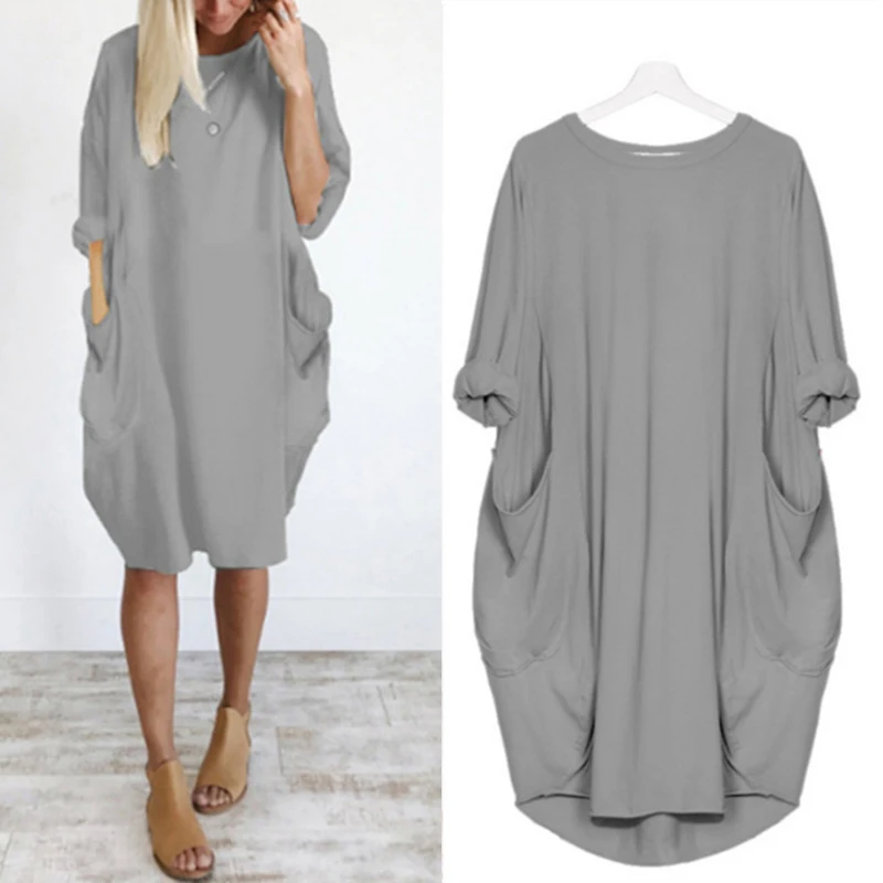 

Женские платья больших размеров d, однотонное платье-туника с длинным рукавом, пуловер размера плюс, платье-рубашка, мешковатые с карманами, ...