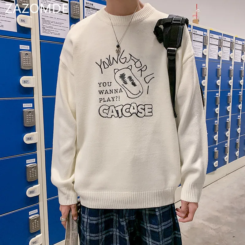 

Мужской свитер ZAZOMDE, мультяшный пуловер, Молодежный модный трендовый топ с круглым вырезом, осенне-зимний плотный теплый пуловер, разноцвет...