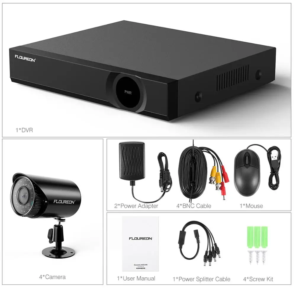 FLOUREON система видеонаблюдения 4CH 1080N DVR рекордер комплект с 4 шт 720p Всепогодная камера безопасности с датчиком движения оповещение по электронной почте