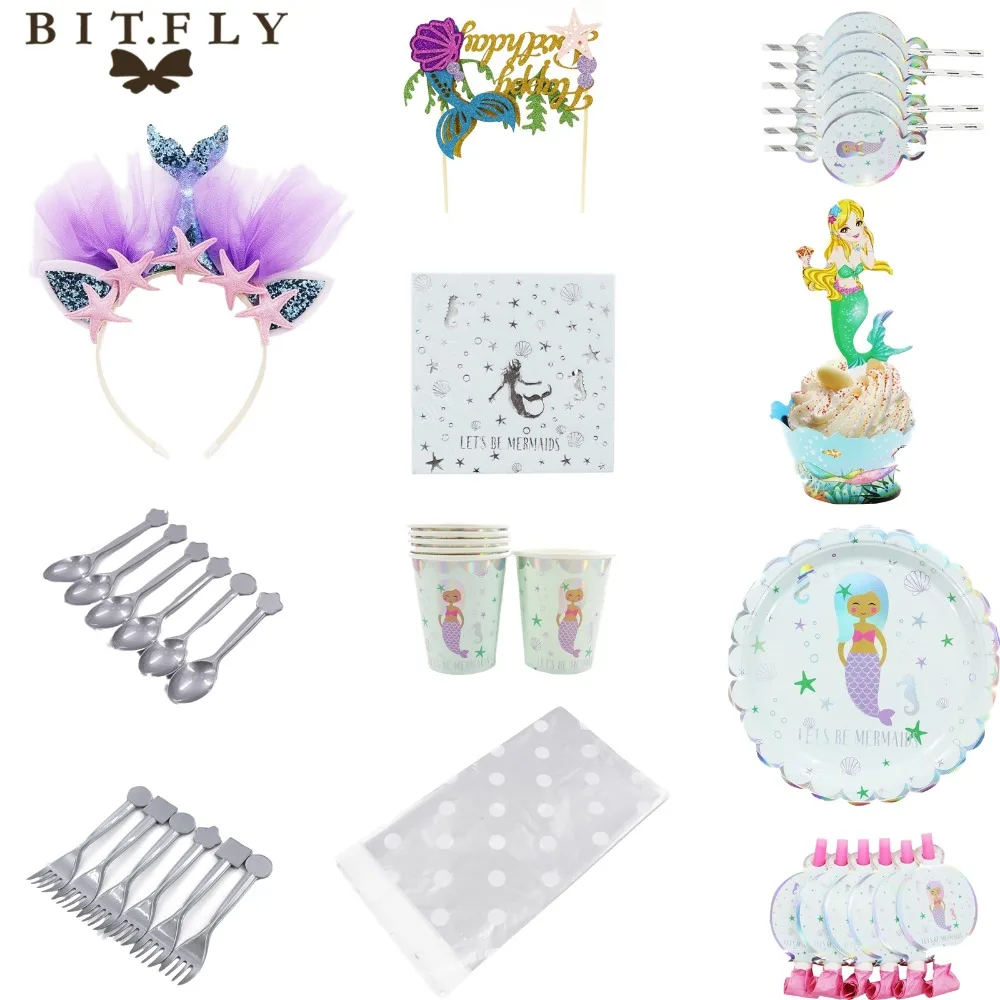 BIT.FLY Русалка Вечерние одноразовая посуда Бумага чашек пластины соломинки вилки