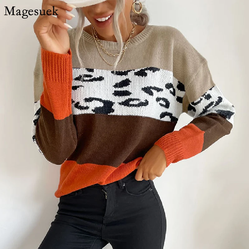 

Leopard Knitted Sweater Women O-neck Fashion Vintage Pullover Women Loose Sweaters Tops Streetwear Female Warm Pull Femme 17760