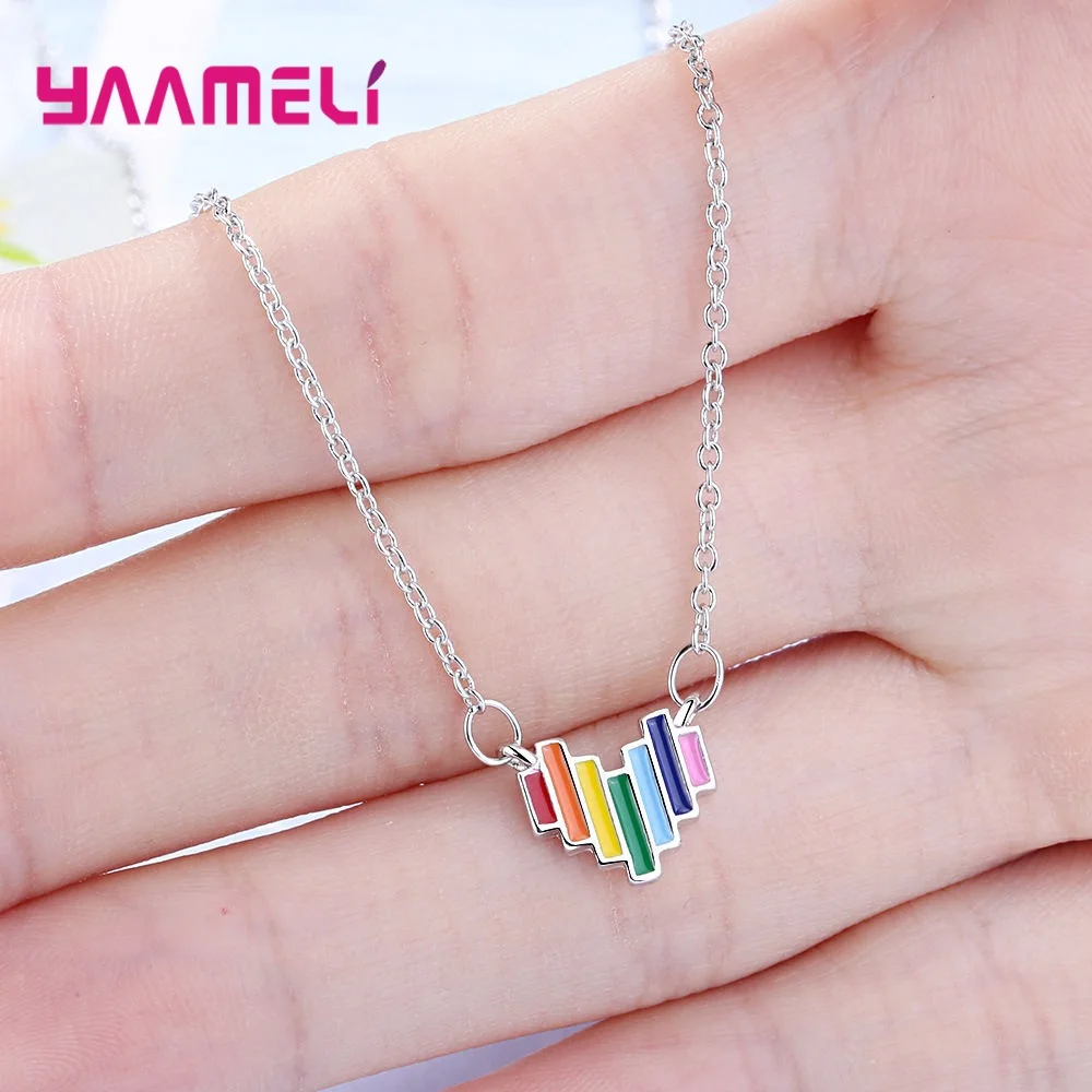 

Unique Design Rainbow Geometric Heart 925 Sterling Silver Pendant Necklace For Women Christmas New Year Gift Jewelry Accessories
