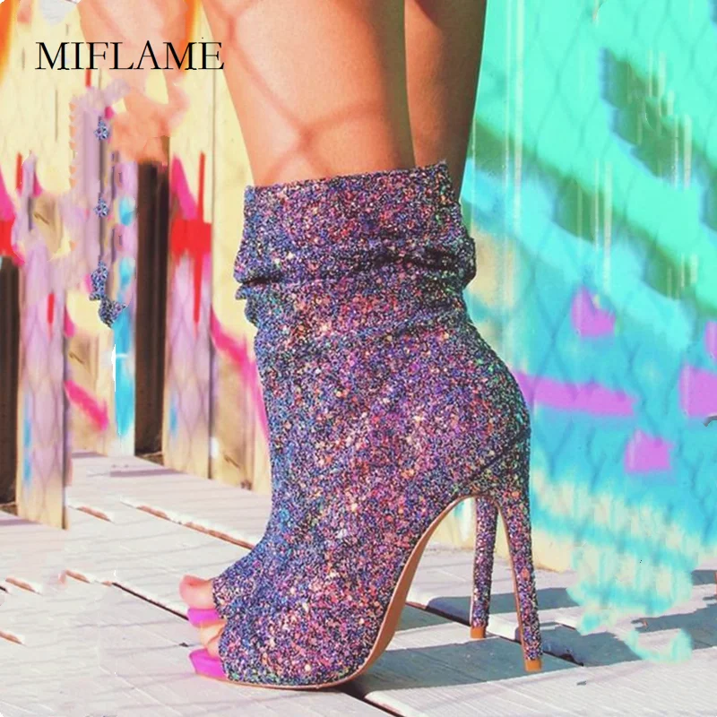 

Women's Sexy Glistening Party Heels Women Bling Bling Peep Toe Ankle Sandals Boots summer Side Zipper Nightclub Stiletto Shoes