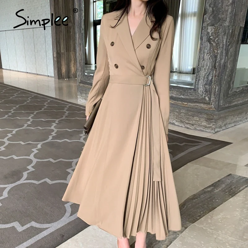 Simplee Vintage pleated belt plaid dress women Elegant office ladies blazer dresses Long sleeve female autumn midi party | Женская