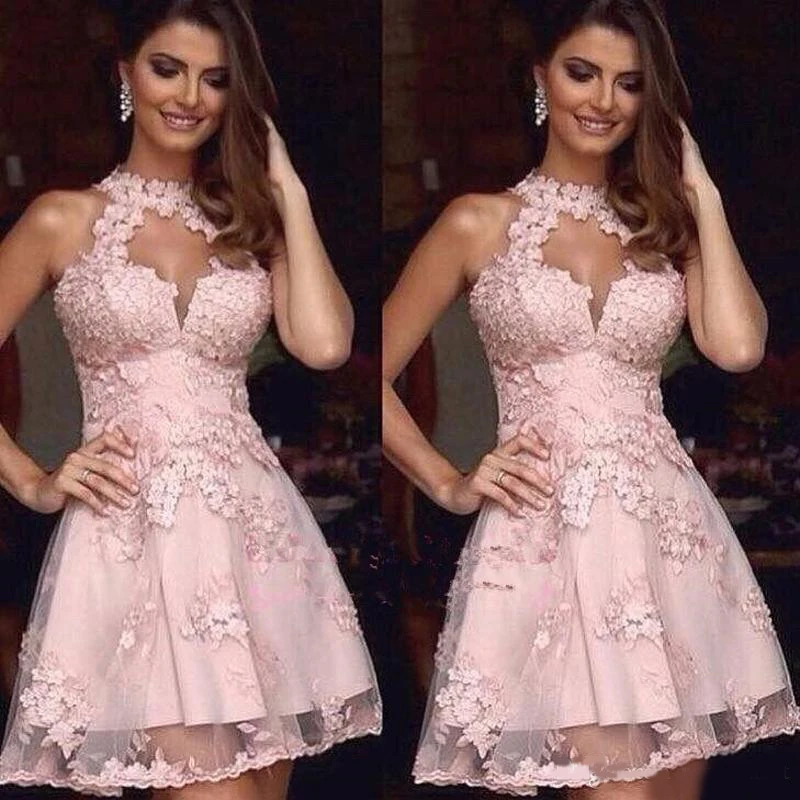 

Elegant Cocktail Dresses Pink Jewel Lace Appliques Short Homecoming Dress Backless Mini Prom Party Dresses Plus Size 2019