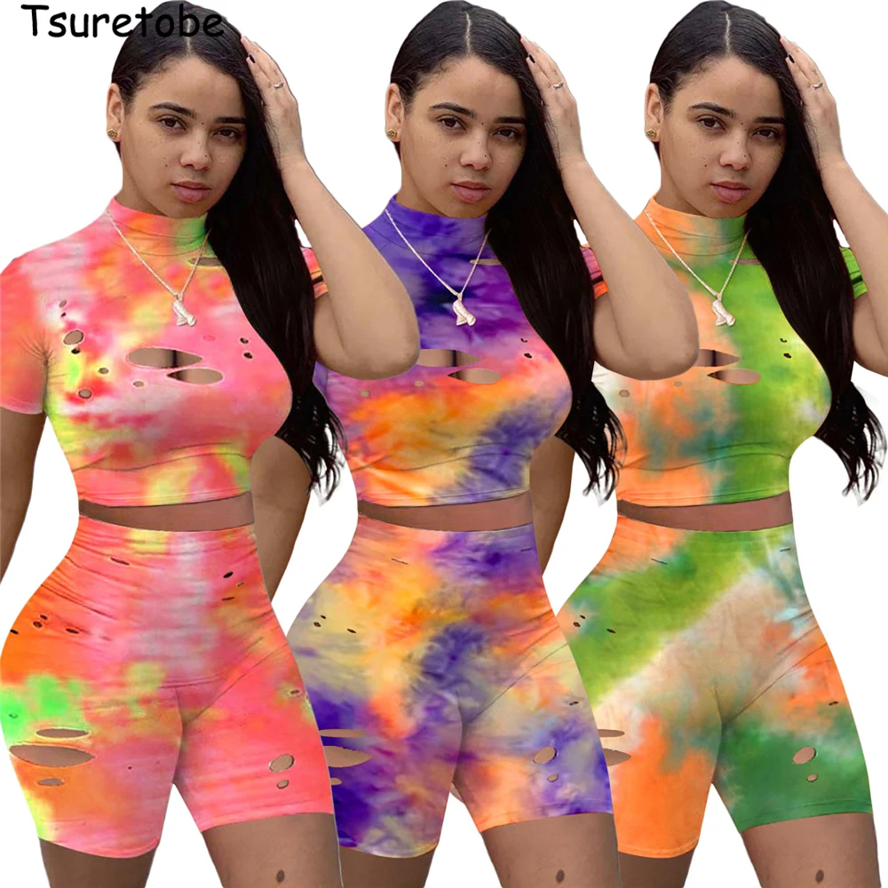 

Tsuretobe Tie Dye 2 Piece Set Women Crop Top Biker Shorts Ripped Clothes Sexy Birthday Outfits For Women Bodycon Matching Sets