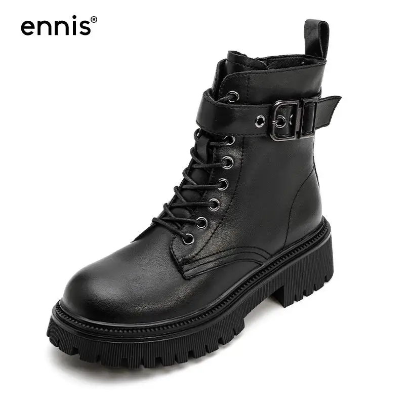 

ENNIS Black Motorcycle Boots Genuine Leather Martin Boots Women Thick Sole Shoes Lace Up Platform Boots Autumn Zip Shoes 2021