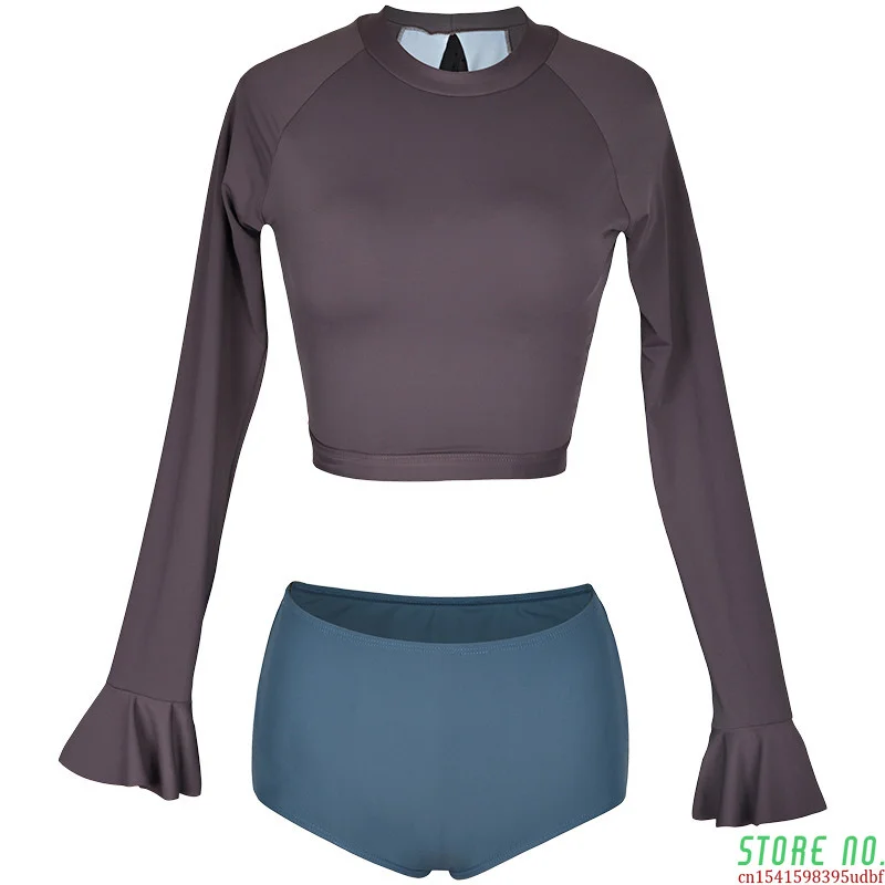 

2019 Women High Waisted Bikini Set Long Sleeves Solid Padded Swimsuit High Neck Summer Swimwear Sport Buiquini Maillot
