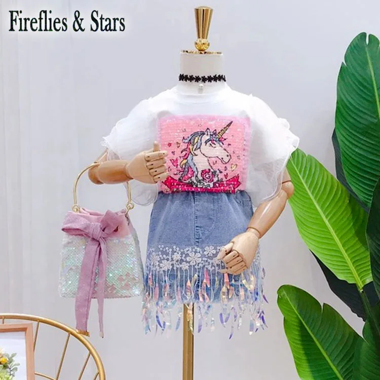 

Summer girls 2 pcs set baby T shirt + denim skirt kids suit children set fashion unicorn flying sleeve sequin tassel 2 to 6 yrs