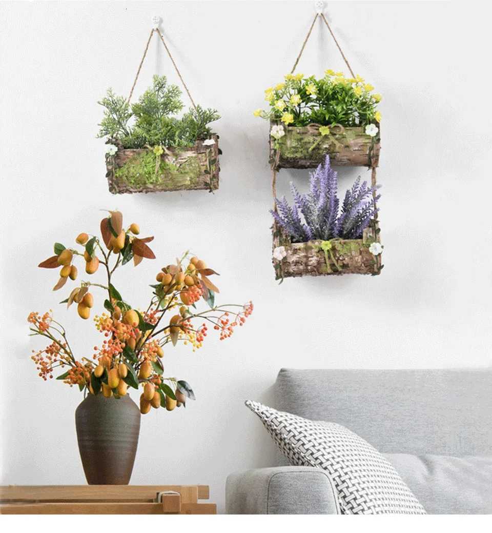 Household Wall Hanging Flower Pot Natural Bark Flower Pot Handmade Hemp Rope Bow Vertical Flower Pot Creative Wall Decoration