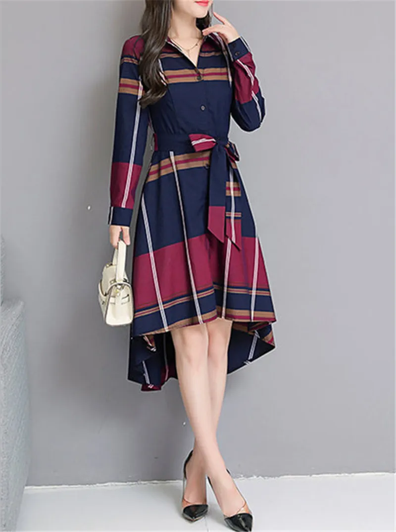 Женское винтажное платье в клетку элегантное асимметричное с длинным рукавом