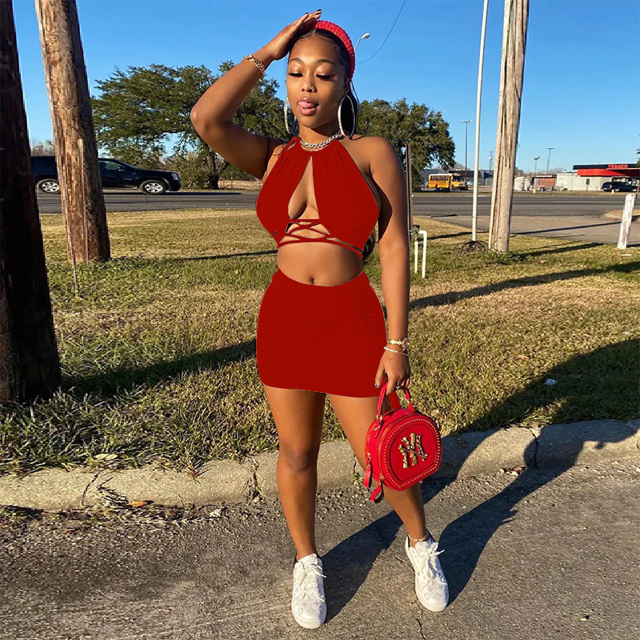 

A&BHelenss Summer Casual Matching Suit for Women Fashion Sexy Drawstring Soild Hanging Neck Hollow Out Two Piece Set Women
