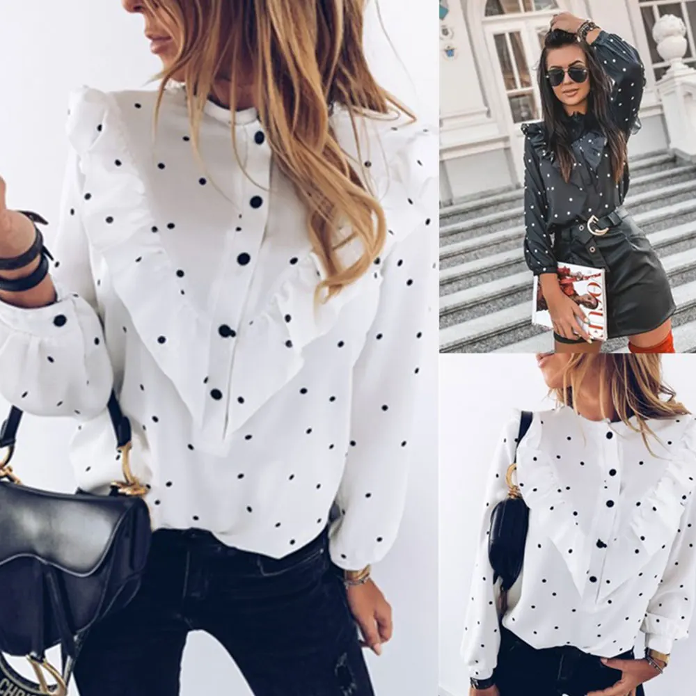 

Gentillove Women O-neck Long Sleeve Loose Shirt Elegant Ruffle Polka Dot Print Blouse Summer Casual Shirt Lady Tunic Tops