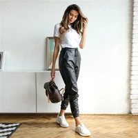 fashion pu pants for women full length pencil pants faux leather solid elastic waist drawstring casual loose office lady