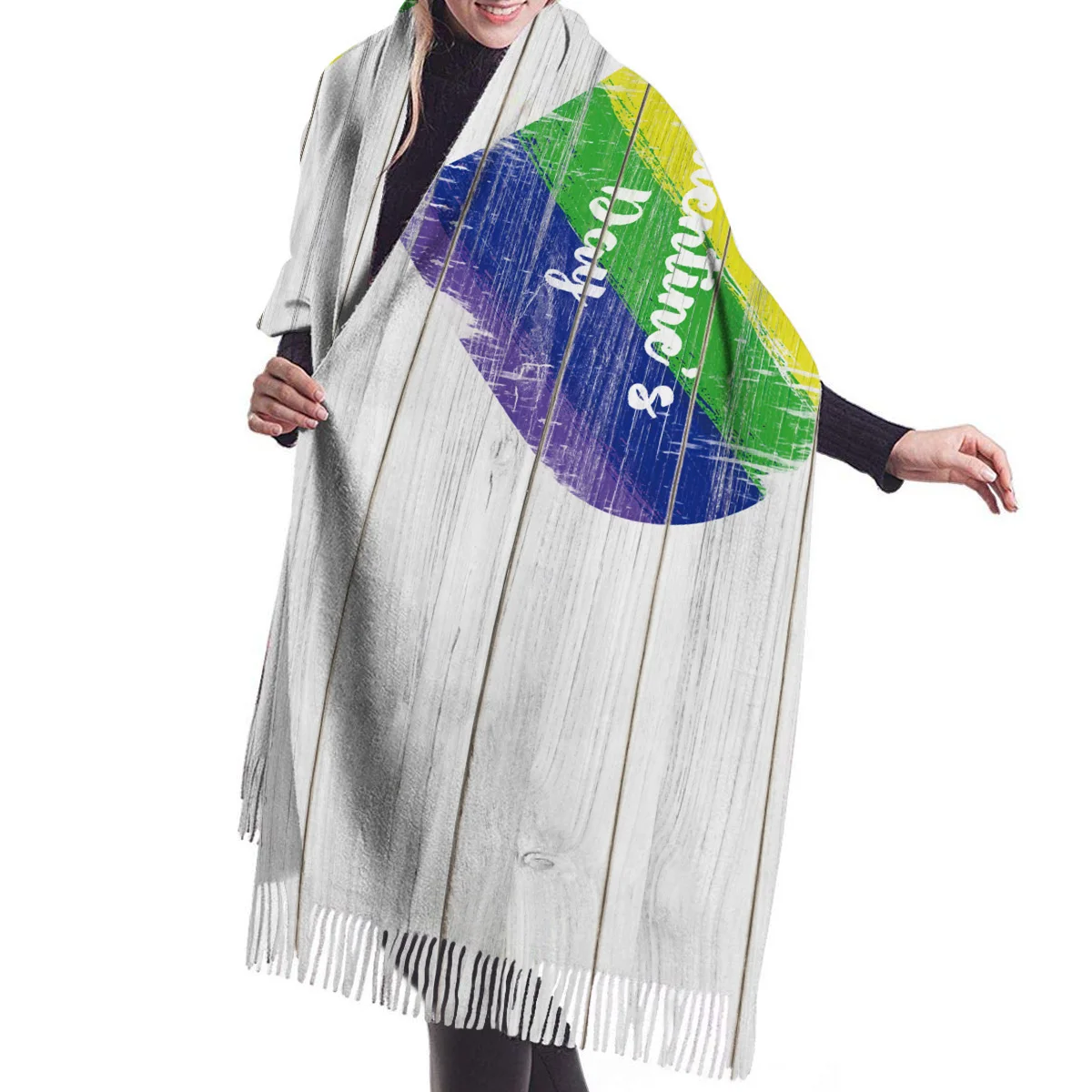 Мягкий кашемировый шарф текстура древесины радужные сердца осень зима легкий