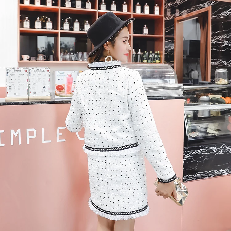 

Tweed Wool Ladies Black Skirt Suit 2020 Autumn Long Sleeve Cardigan Tassel Short Coat Tops + Mini Skirt Sets Clothes for Women
