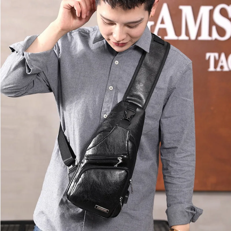 Мужские дорожные нагрудные сумки мужские кожаные через плечо с разъемом для