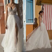 Gali Karten Beach Wedding Dresses 2019 Side Split Spaghetti Illusion Tulle Boho Wedding Gowns Sweep Train Pearls Backless Bohemi