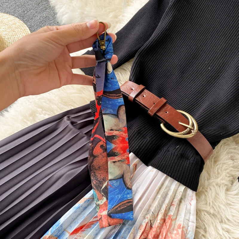 

Elegant Women Office Dress Spring Autumn Half Sleeve Patchwork Pleated Vintage Dress Ladies A Line Knitted Dress Vestidos Mujer