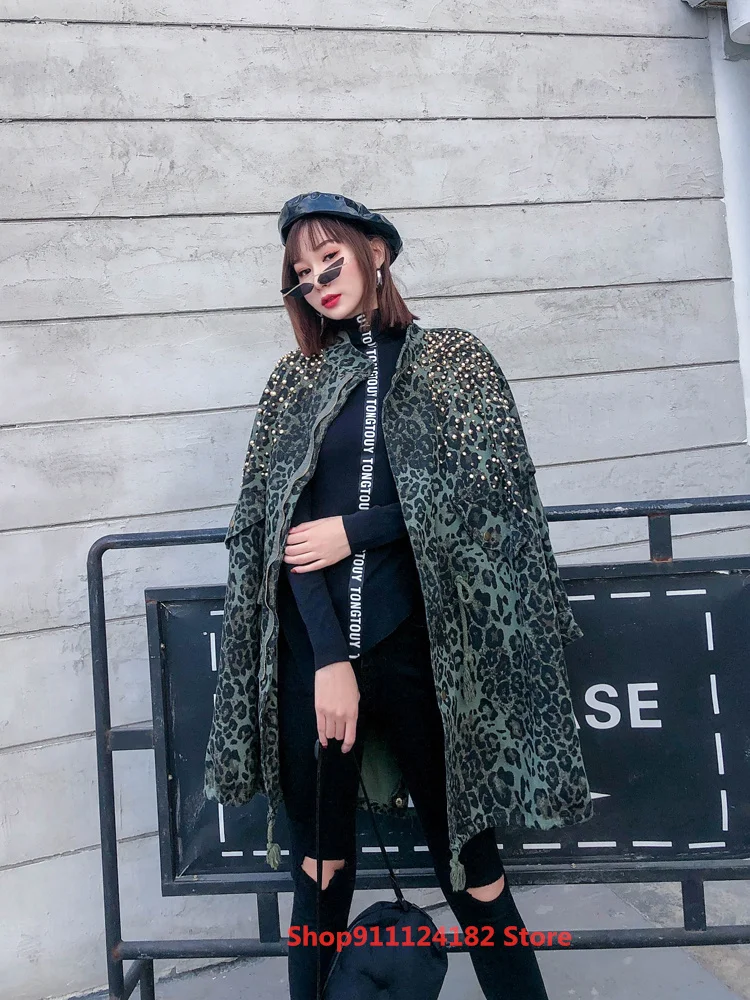 

Camouflage women's spring style tide brand heavy industry rivet diamond stand collar handsome drawstring mid-length denim trench