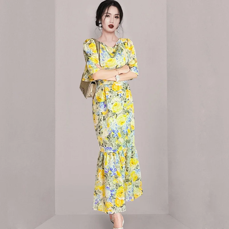 

WTAINYUW 2021 New Summer Print High Quality Casual Short Sleeve Midi Holiday Beach Dress