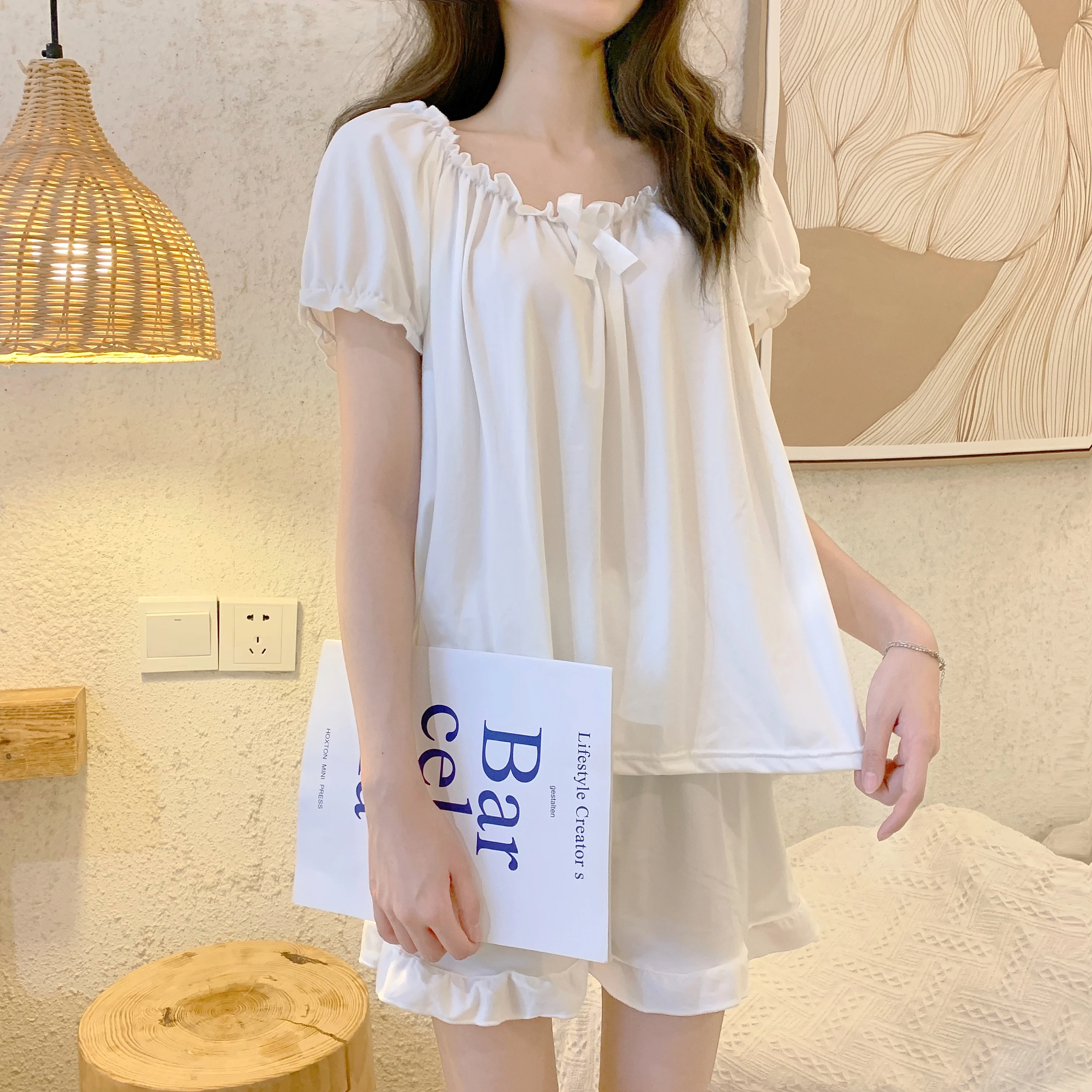 Women Pajamas Sets 2 Pcs Outfits Sleepwear Lounge White Lingerie Loungewear Summer Short Sleeve Tops Short Night Shirt Sleeping