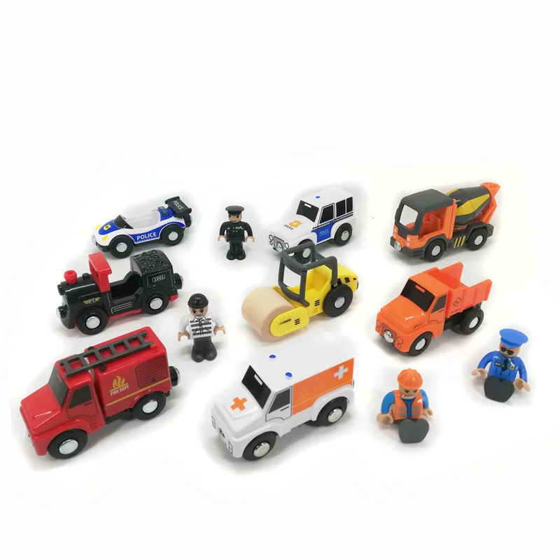 

Wooden police car, fire truck, ambulance, crane, container car, wooden rail car, children's traffic, boy's toys