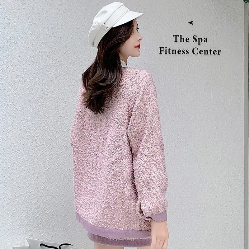 Korean Qualities Panelled Womens Tweed Two Pieces Sets Single Breasted O-Neck Medium Length Loose Coats High Waist A-Line Skirts |