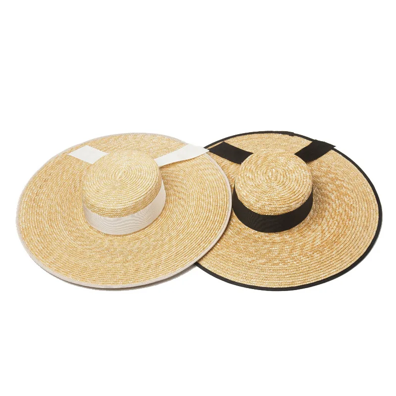 

Wide Brim Boater Hat 15cm Brim Straw Hat Flat Summer Hats For Women White Black Ribbon Sun Hat Female Beach Cap Vacation