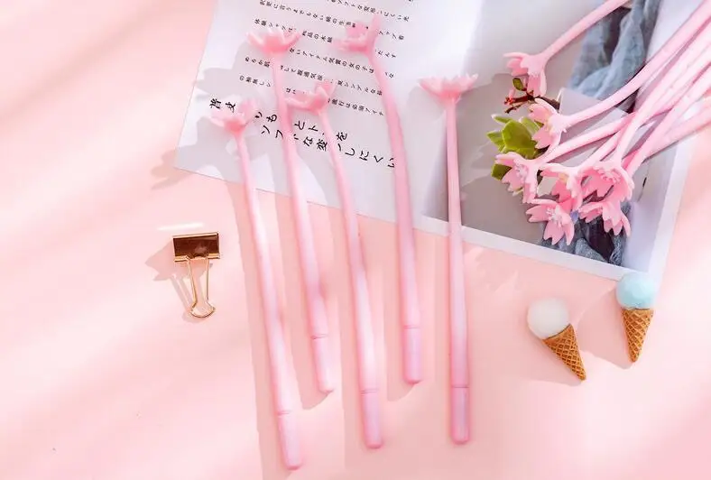 1 Piece Lytwtw's Silicone Pink Creative Cute Cherry Blossoms Flower Stationery Office School Supplies Gift Simulation Gel Pens
