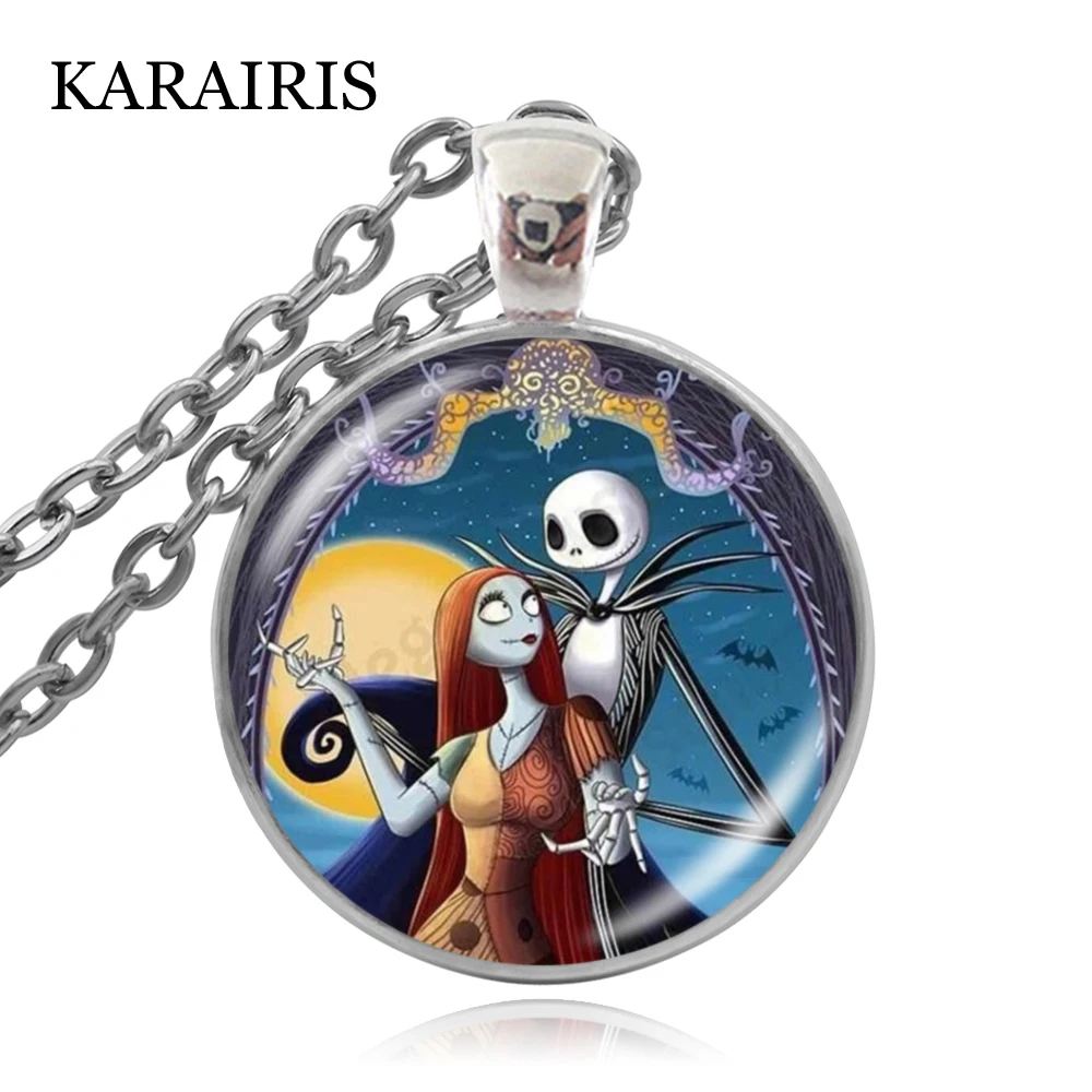 

KARAIRIS New Fashion Jack and Sally Nightmare Necklace Nightmare Before Christmas Necklace Glass Cabochon Pendant Jewelry