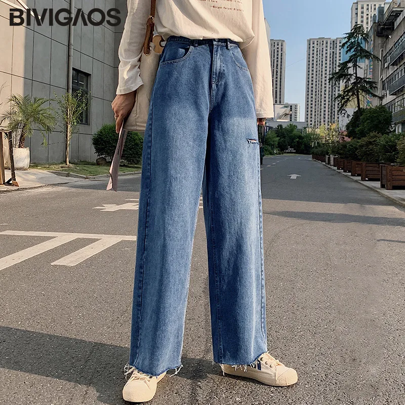BIVIGAOS 2019 Осень Новые Мода и досуг широкие джинсы женские свободные Ретро Высокая