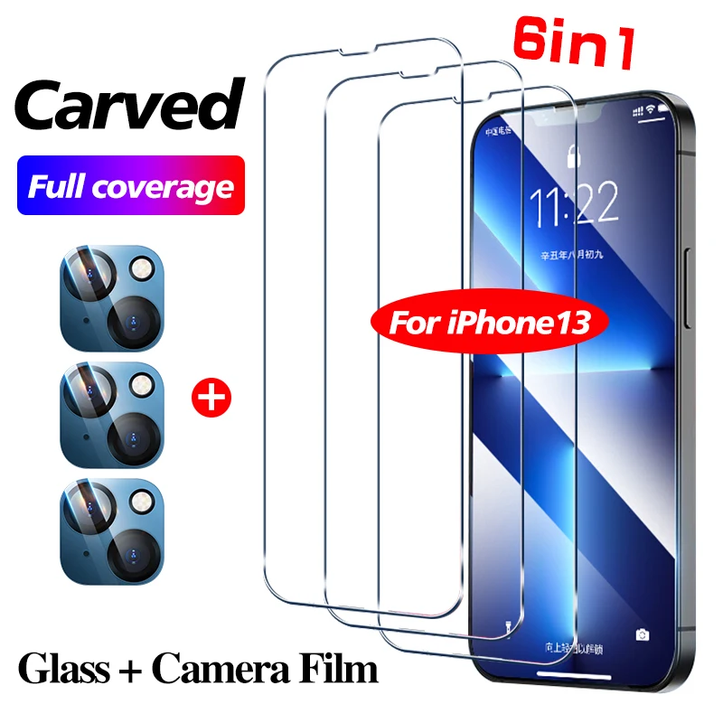 

6in1 Tempered Glass For IPhone 13 12 Pro Max Mini Protective Glass For iphone 11 XS MAX XR Screen Camera Lens Protection Film