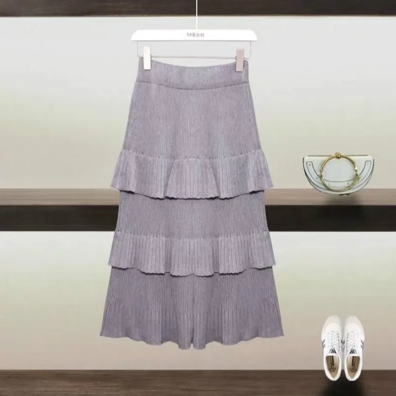

2021 Spring and Autumn New High Waist Knit Skirts Women's Long Velvet Pleated Skirt Retro Fashion A-line Cake Bottoms Y117