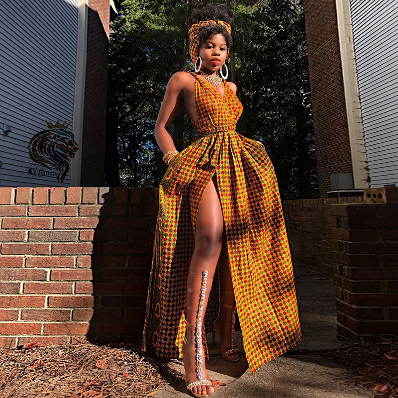 Женское платье с открытой спиной Siskakia длинное желтое Бандажное и принтом в