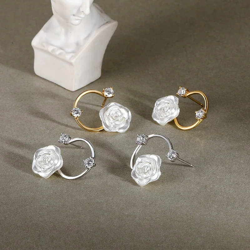 

Real 925 Sterling Silver White Rose Flower Stud Earrings For Women Gifts Accessories, Elegant Woman Circle Earings Fine Jewelry