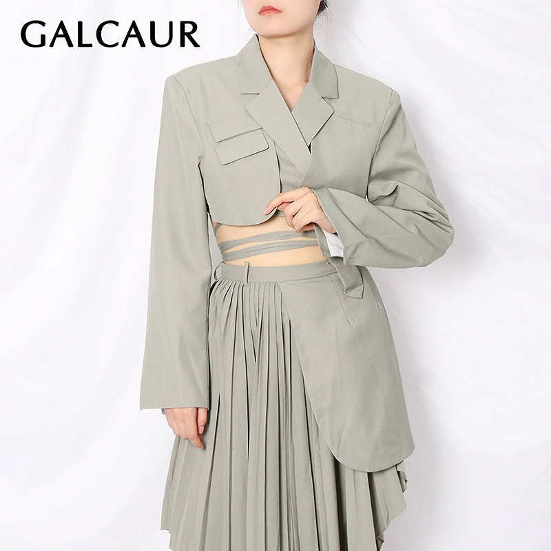 

GALCAUR Asymmetric Blazer For Women Notched Collar Long Sleeves Hollow Out Bowknot Lace Up Coats Female 2020 Fashion New Style