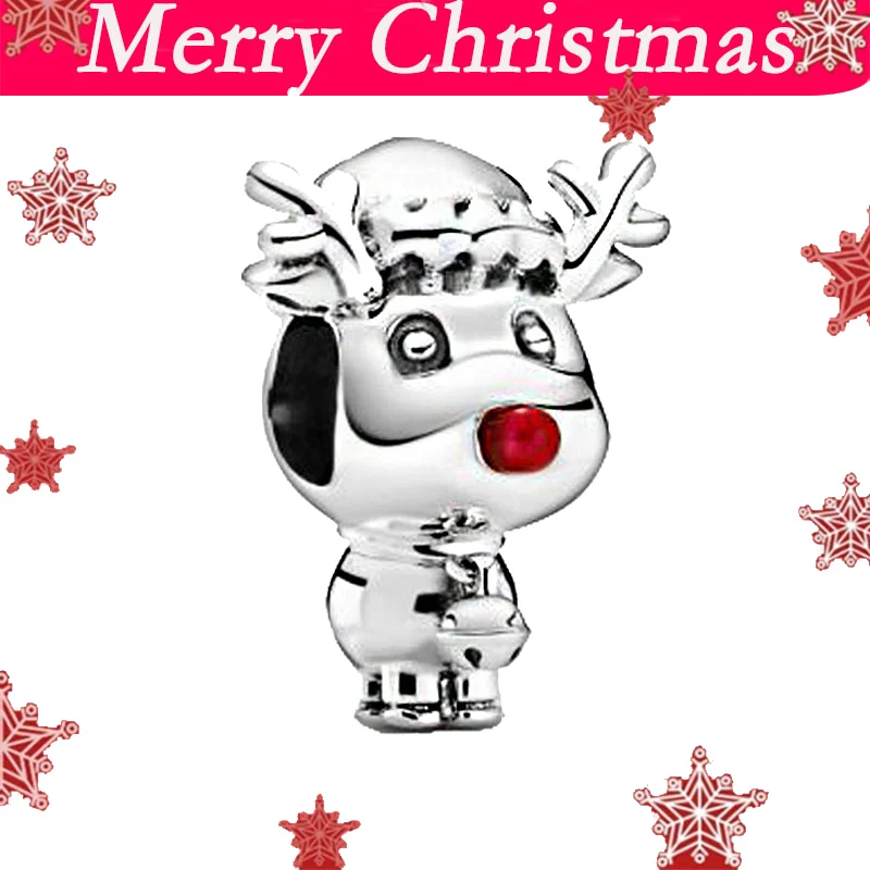 Красный олень Rudolph, Шарм из серебра 925 пробы, подходит для оригинального браслета Pandora, Женская рождественская бижутерия, подарок «сделай сам...