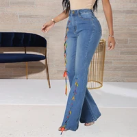 new womens jeans flare pants fashion casual high waist creative lace up denim bootcut trousers female mom boyfriend blue jeans