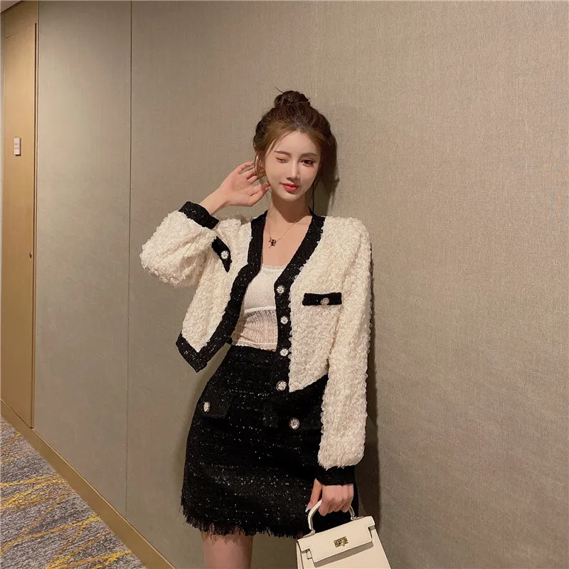 

2020 Spring Women 2 Pieces Sets Korean Fashion Elegant Single-Breasted Coat + High Waist Tassel Tweed Mini Skirts Outfit
