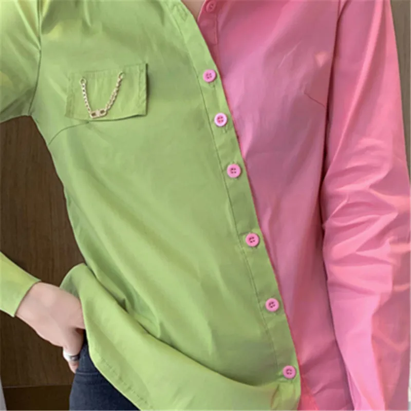 

2021 New Spring Womens tops and Blouses Fashion Patchwork Lapel Long Sleeve Spliced Shirt Ladies Loose Casual Stylish Shirts