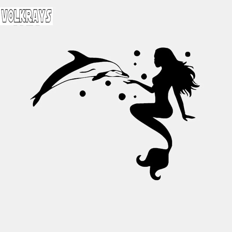 Volkrays Personaliry Car Sticker Mermaid with Dolphin Gir Accessories Reflective Vinyl Decal Black/Silver,11cm*14cm