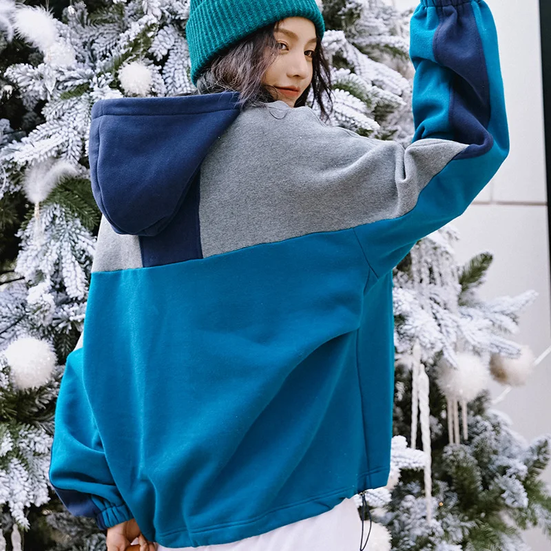 

CHICEVER Winter Sweatshirt For Women Hooded Collar Long Sleeve Patchwork Hit Color Knitted Pullovers Thick Clothing Female 2020