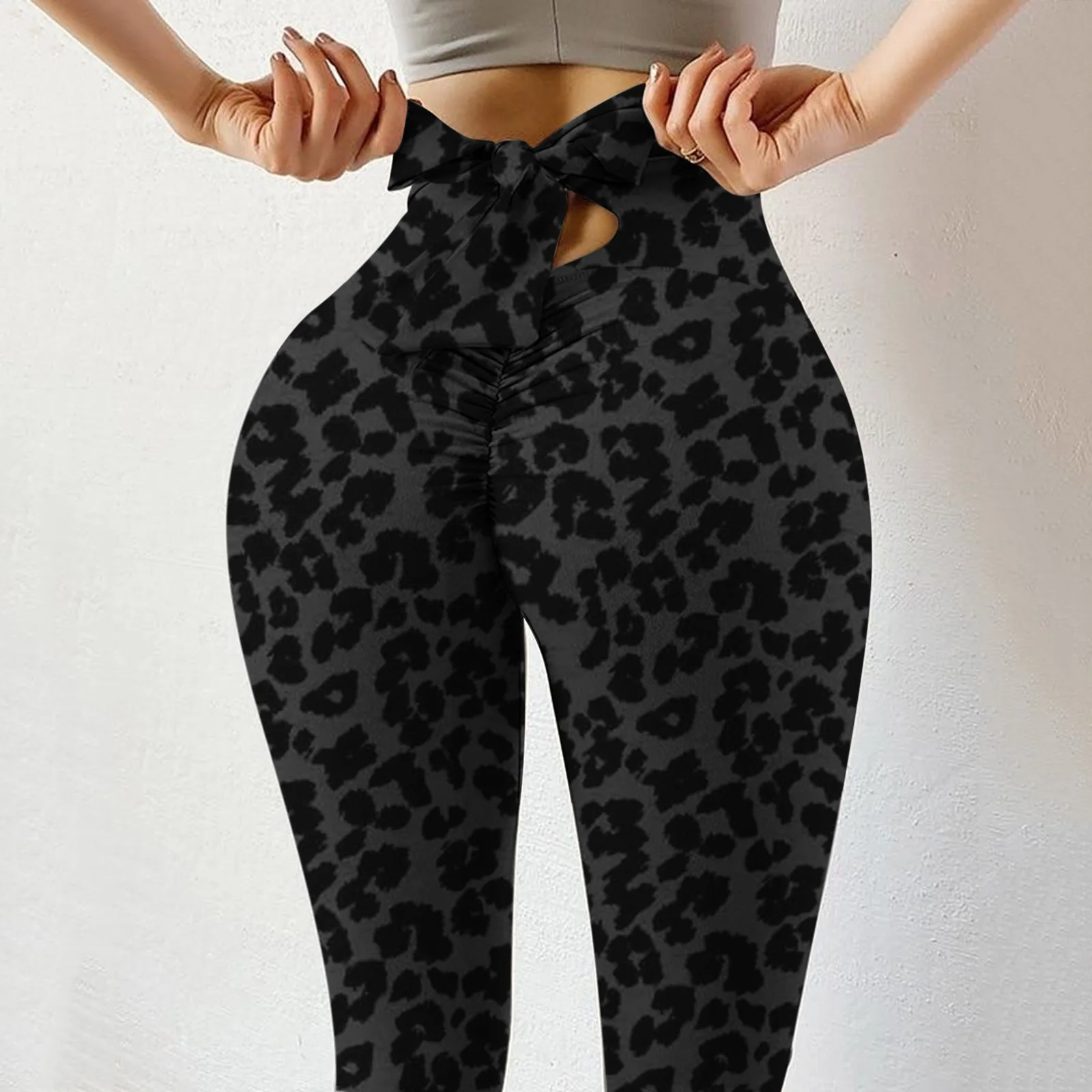 

European and American women's yoga pants new product, 2021 print fashion pleat stretch yoga pants bowknot Sexy printed slacks