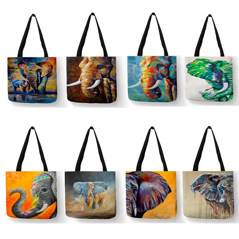 

SY0035 Colorful Elephant Oil Painting Print Tote Bag Women Handbags Large Capacity Double Sides Printed Shopping Bags Reusable