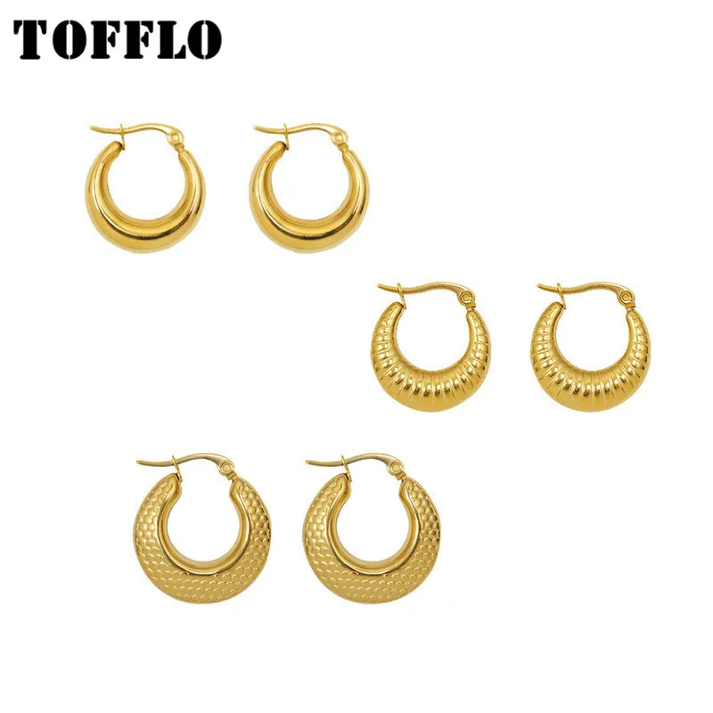 

TOFFLO Stainless Steel Jewelry Plain Halo Earrings Scale Carving Earrings Horn Bag Design Earrings BSF477-479