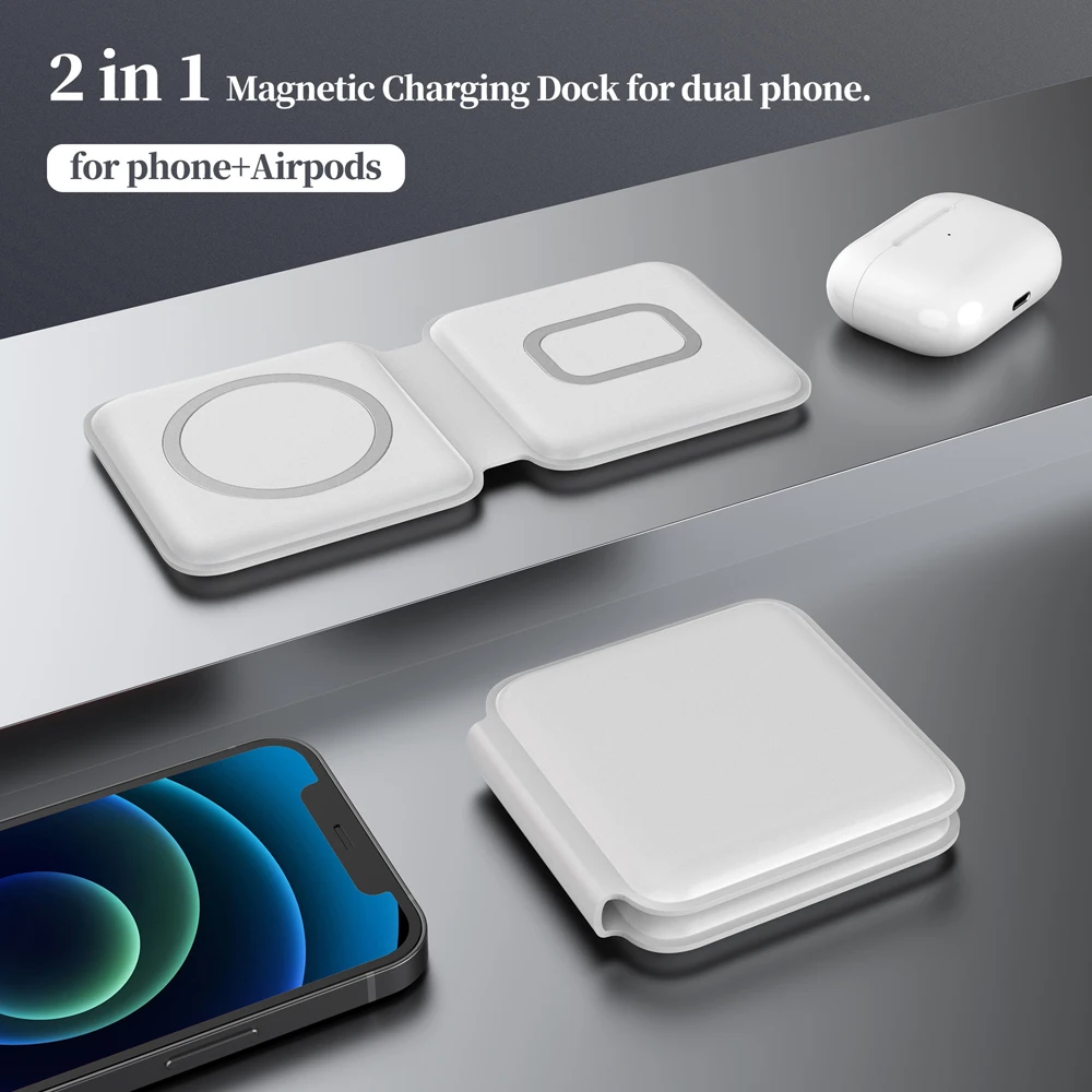 15w magnetic wireless charger 2 in1 quick charging dock for iphone huawei xiaomi samsung airpods fast charging phone accessorie free global shipping