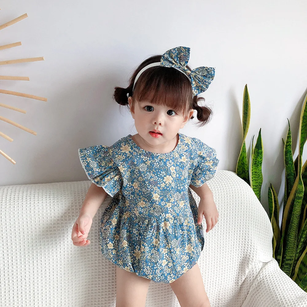 

0-18M Hello World Newborn BabyGirl Fly Sleeve Floral Romper Jumpsuit Headband 2PCS Princess Girls Summer Fashion casual Clothes