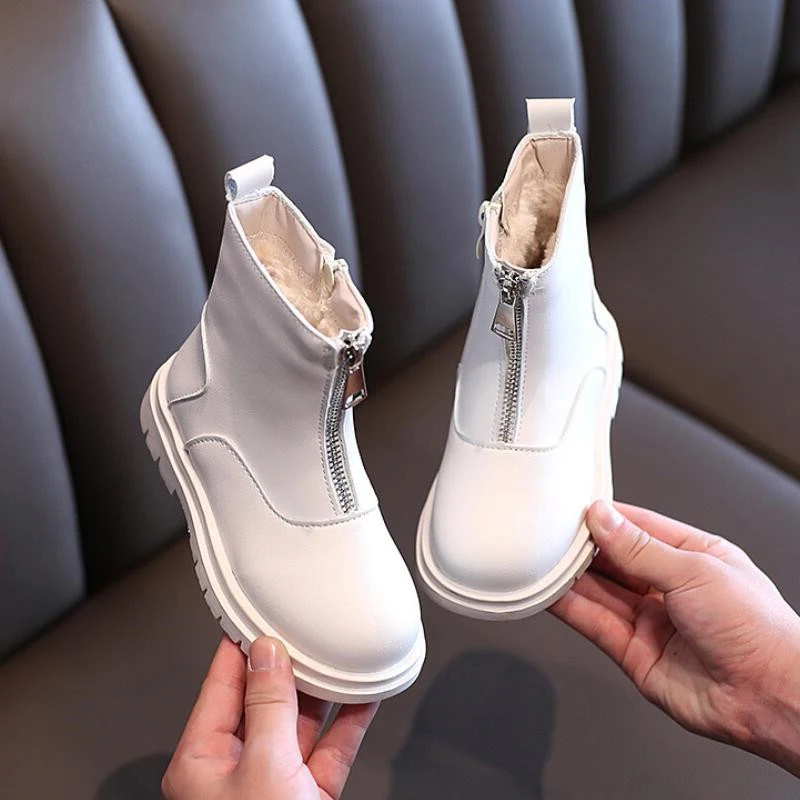 

Child Ankle Short Boots 2020 Winter Boy Girl Plush Zip PU Boots Black Beige Kids Thick Soled Lamb Wool Warm Shoes Size 26-36